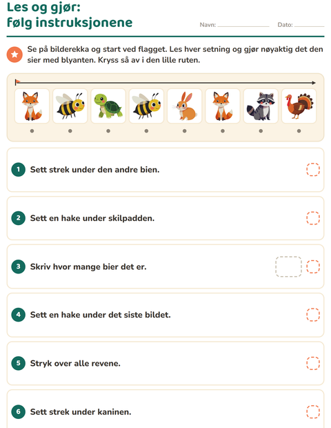 Forhåndsvisning av Les og gjør-arbeidsark med Skogsdyr for 1. trinn