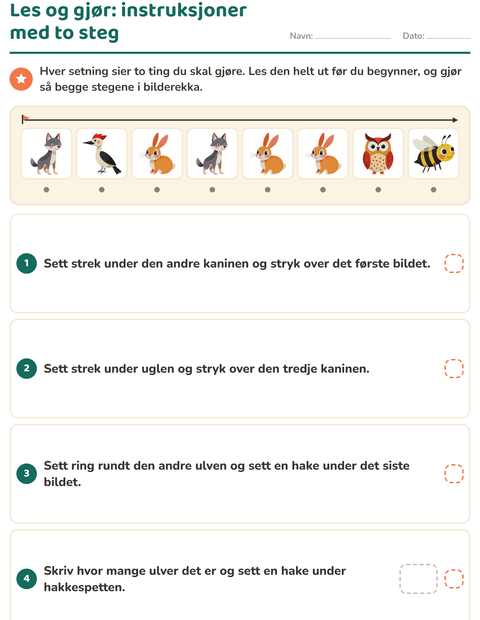 Forhåndsvisning av Les og gjør-arbeidsark med Skogsdyr for 1. trinn