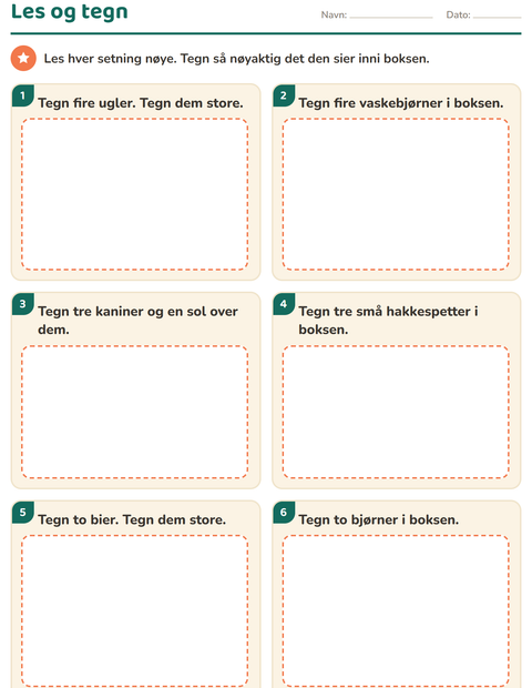 Forhåndsvisning av Les og gjør-arbeidsark med Skogsdyr for 1. trinn