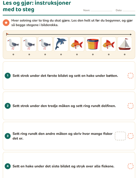 Forhåndsvisning av Les og gjør-arbeidsark med Strand for 1. trinn
