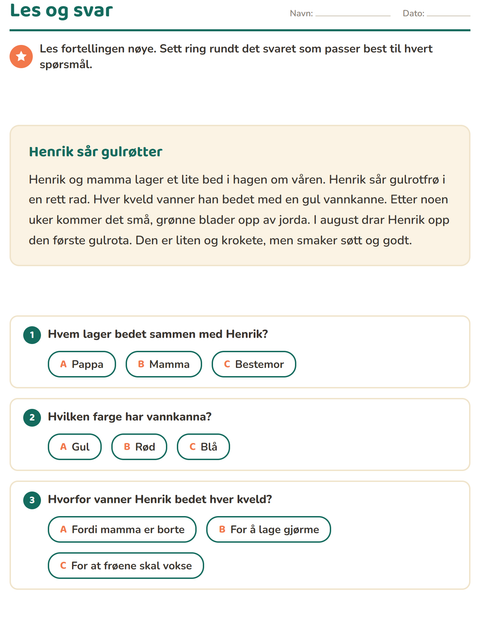Forhåndsvisning av Leseforståelse-arbeidsark for 2. trinn