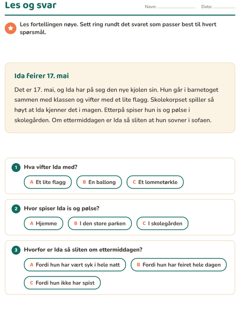 Forhåndsvisning av Leseforståelse-arbeidsark for 2. trinn