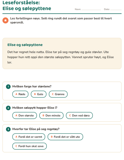 Forhåndsvisning av Leseforståelse-arbeidsark for 2. trinn