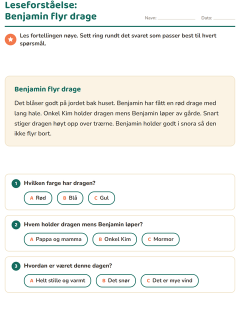 Forhåndsvisning av Leseforståelse-arbeidsark for 2. trinn