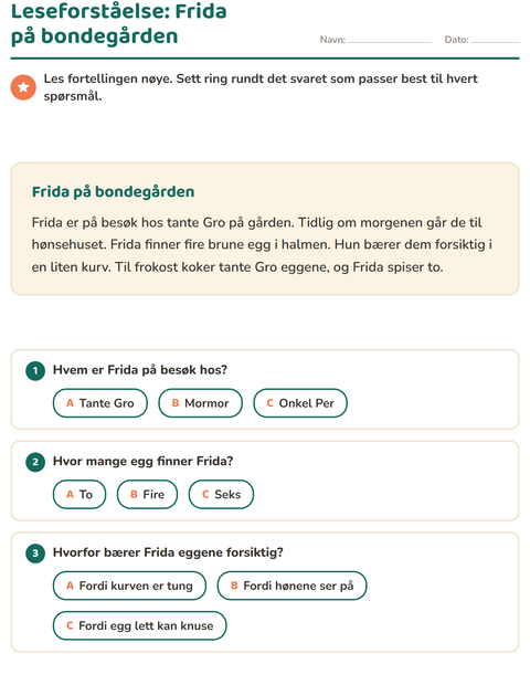 Forhåndsvisning av Leseforståelse-arbeidsark for 2. trinn