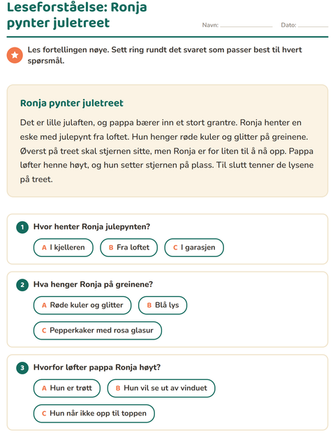 Forhåndsvisning av Leseforståelse-arbeidsark for 2. trinn