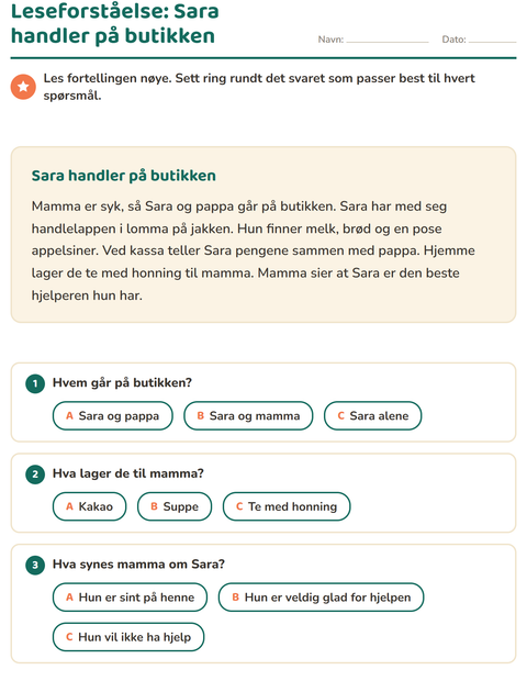 Forhåndsvisning av Leseforståelse-arbeidsark for 2. trinn