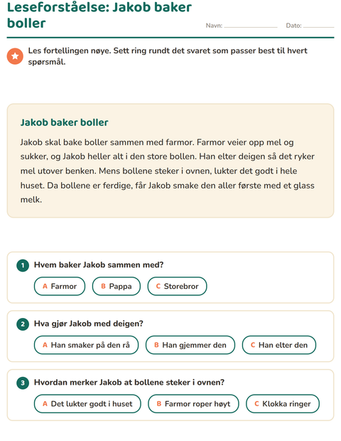 Leseforståelse: Jakob baker boller – fortelling med spørsmål
