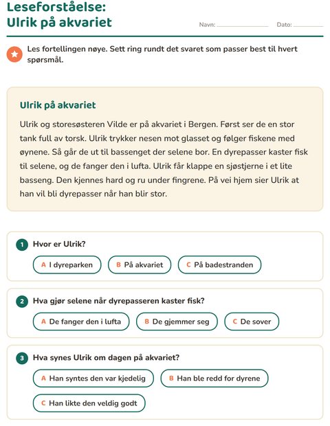 Forhåndsvisning av Leseforståelse-arbeidsark for 2. trinn