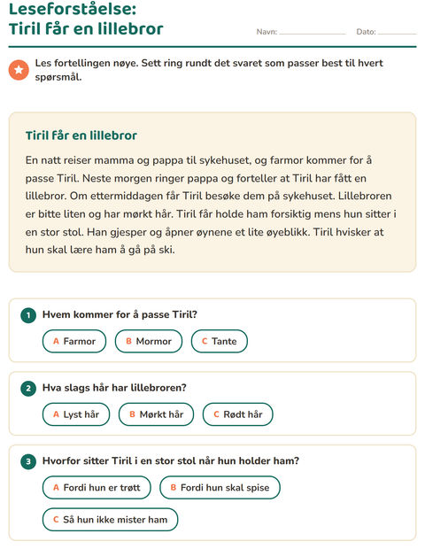 Forhåndsvisning av Leseforståelse-arbeidsark for 2. trinn