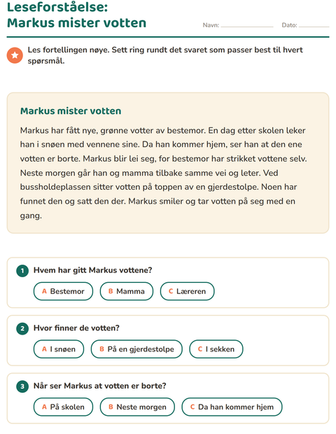 Forhåndsvisning av Leseforståelse-arbeidsark for 2. trinn