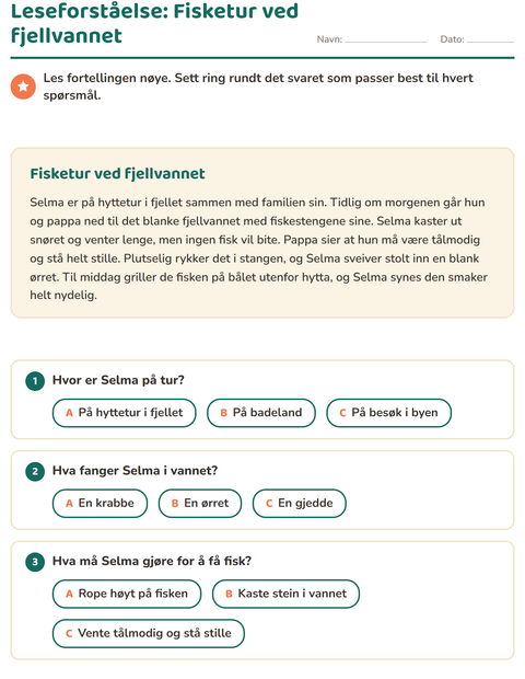 Leseforståelse: Fisketur ved fjellvannet – fortelling med spørsmål