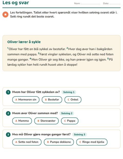 Forhåndsvisning av Leseforståelse-arbeidsark for 2. trinn