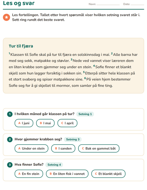 Forhåndsvisning av Leseforståelse-arbeidsark for 2. trinn