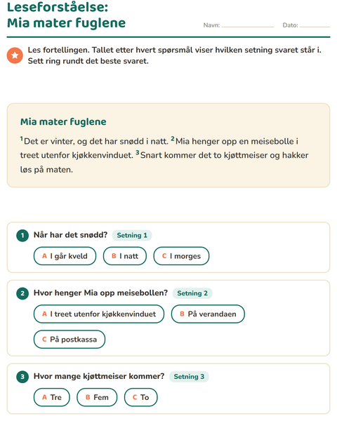 Forhåndsvisning av Leseforståelse-arbeidsark for 2. trinn