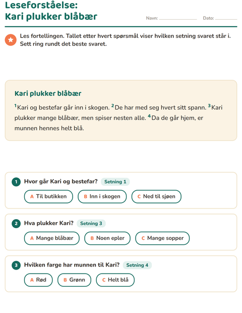 Forhåndsvisning av Leseforståelse-arbeidsark for 2. trinn