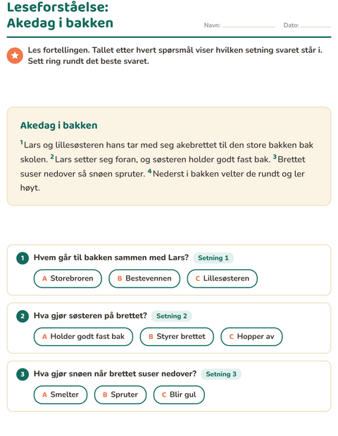 Forhåndsvisning av Leseforståelse-arbeidsark for 2. trinn
