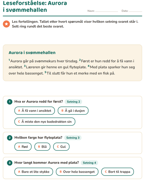 Forhåndsvisning av Leseforståelse-arbeidsark for 2. trinn