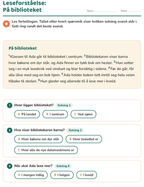 Forhåndsvisning av Leseforståelse-arbeidsark for 2. trinn