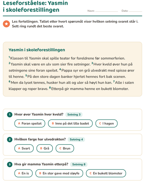 Forhåndsvisning av Leseforståelse-arbeidsark for 2. trinn