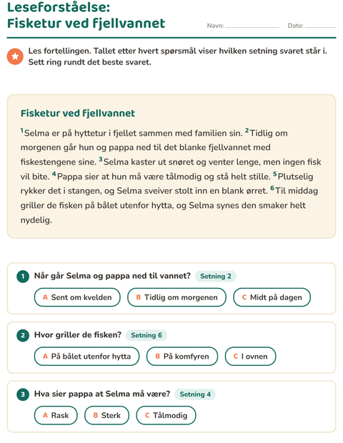 Forhåndsvisning av Leseforståelse-arbeidsark for 2. trinn