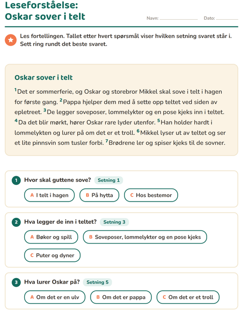 Forhåndsvisning av Leseforståelse-arbeidsark for 2. trinn