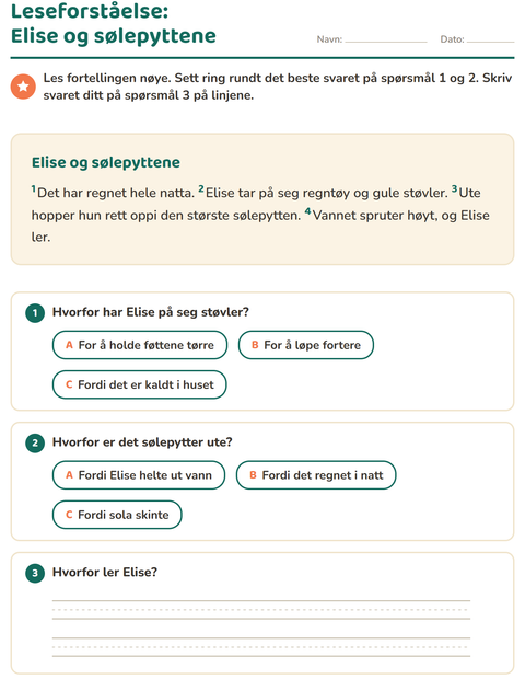 Forhåndsvisning av Leseforståelse-arbeidsark for 2. trinn