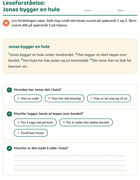 Forhåndsvisning av Leseforståelse-arbeidsark for 2. trinn