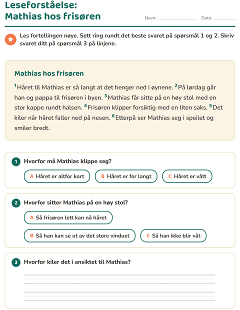 Forhåndsvisning av Leseforståelse-arbeidsark for 2. trinn