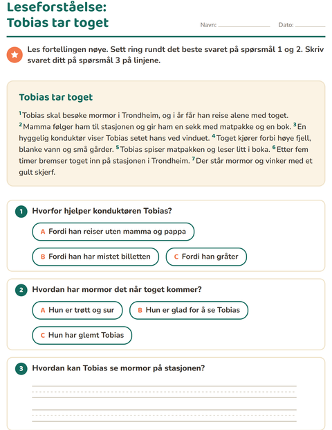 Forhåndsvisning av Leseforståelse-arbeidsark for 2. trinn