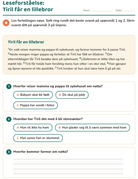 Forhåndsvisning av Leseforståelse-arbeidsark for 2. trinn