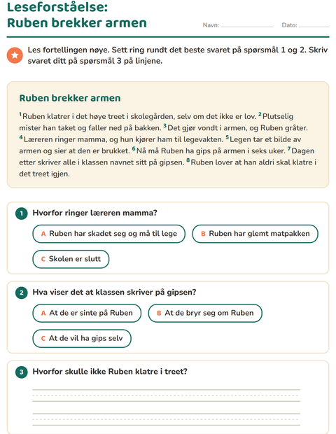 Forhåndsvisning av Leseforståelse-arbeidsark for 2. trinn