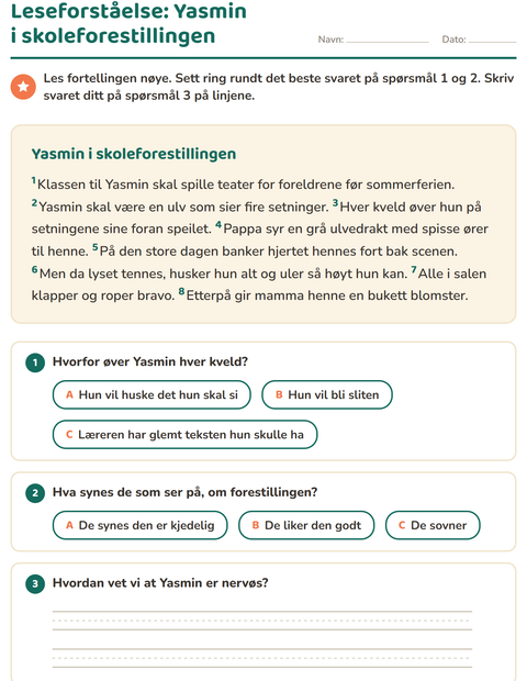 Forhåndsvisning av Leseforståelse-arbeidsark for 2. trinn