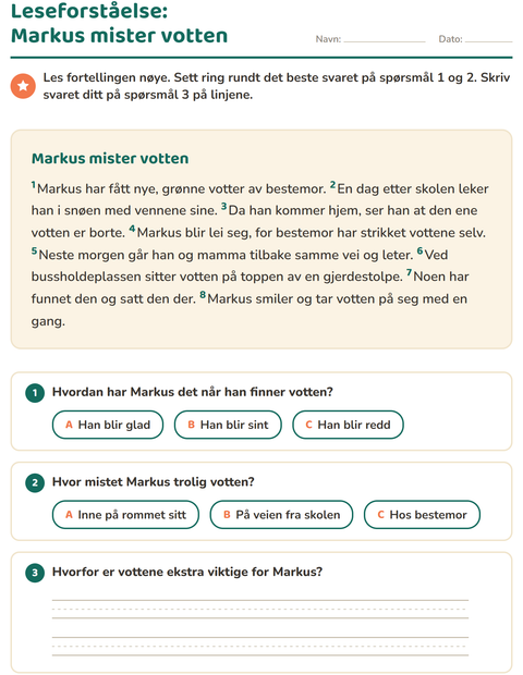 Forhåndsvisning av Leseforståelse-arbeidsark for 2. trinn