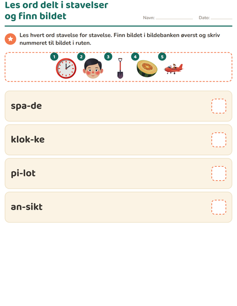 Forhåndsvisning av Lydrette ord-arbeidsark for 1. trinn