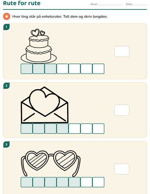 Forhåndsvisning av Måling-arbeidsark med Valentinsdag SH 2 for 1. trinn