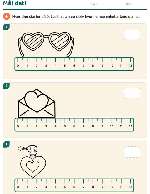 Forhåndsvisning av Måling-arbeidsark med Valentinsdag SH 2 for 2. trinn