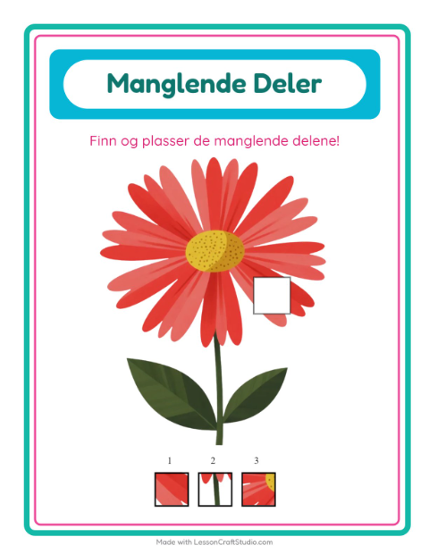 Forhåndsvisning av Manglende Brikker-arbeidsark med Blomster for Barnehage (5-7 år)