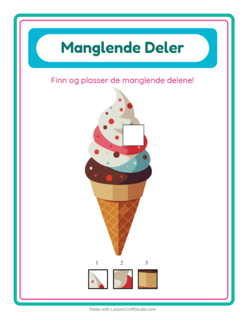 Forhåndsvisning av Manglende Brikker-arbeidsark med Desserter og godteri for Barnehage (5-7 år)
