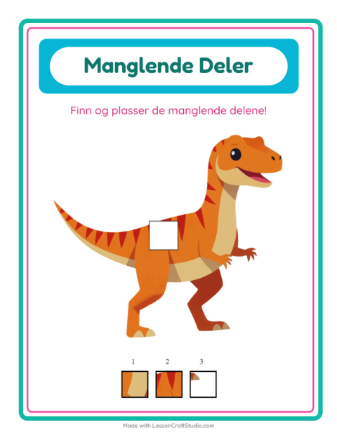 Forhåndsvisning av Manglende Brikker-arbeidsark med Dinosaurer for Barnehage (5-7 år)