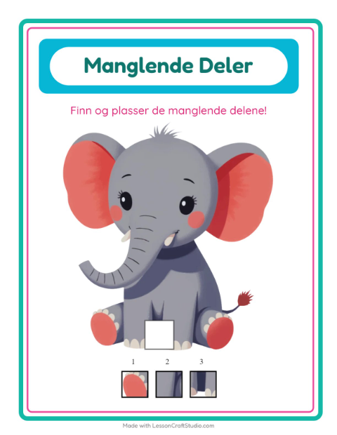 Forhåndsvisning av Manglende Brikker-arbeidsark med Dyrehagedyr for Barnehage (5-7 år)