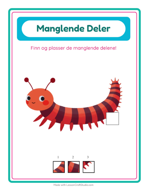 Forhåndsvisning av Manglende Brikker-arbeidsark med Insekter og kryp for Barnehage (5-7 år)