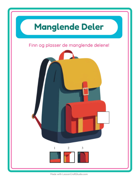 Forhåndsvisning av Manglende Brikker-arbeidsark med Klasserom for Barnehage (5-7 år)