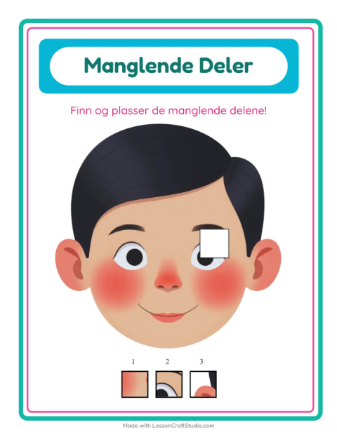 Forhåndsvisning av Manglende Brikker-arbeidsark med Kroppsdeler for Barnehage (5-7 år)