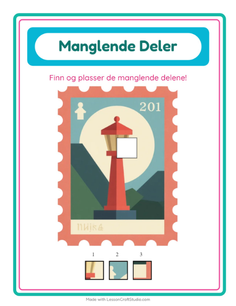 Forhåndsvisning av Manglende Brikker-arbeidsark med Postkontor for Barnehage (5-7 år)