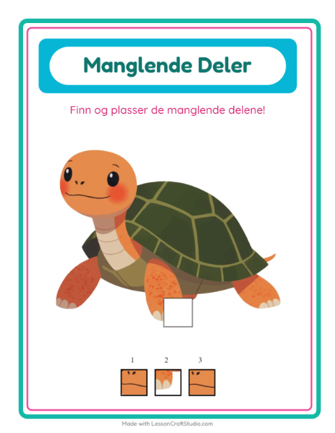 Forhåndsvisning av Manglende Brikker-arbeidsark med Reptiler og amfibier for Barnehage (5-7 år)