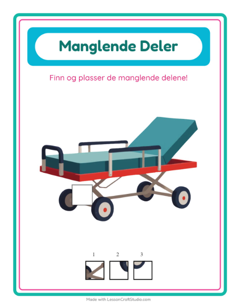 Forhåndsvisning av Manglende Brikker-arbeidsark med Sykehus for Barnehage (5-7 år)