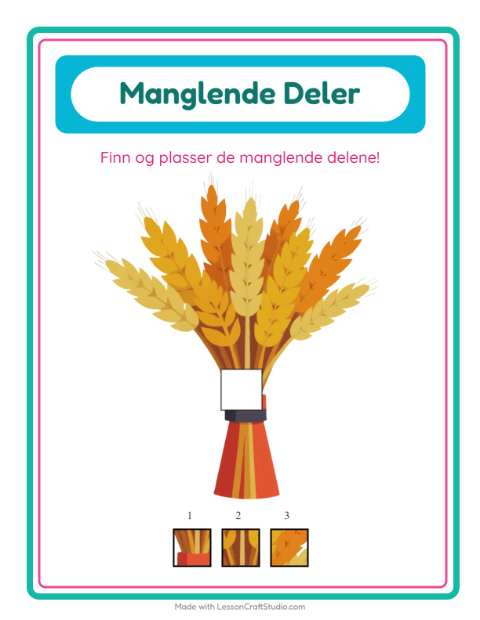 Forhåndsvisning av Manglende Brikker-arbeidsark med Thanksgiving for Barnehage (5-7 år)