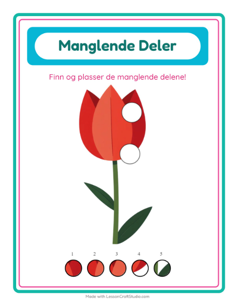 Forhåndsvisning av Manglende Brikker-arbeidsark med Blomster for Barnehage (5-7 år)