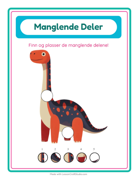 Forhåndsvisning av Manglende Brikker-arbeidsark med Dinosaurer for Barnehage (5-7 år)